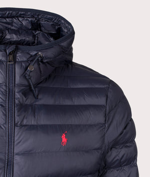 The Polo Ralph Lauren Colden Packable Jacket in Collection Navy at EQVVS. Detailed Logo Shot. 