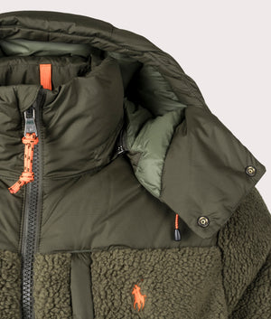 The Gorham Hybrid Down Jacket in Company Olive by Polo Ralph Lauren at EQVVS. Detail Shot. 