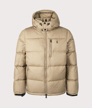 The Polo Ralph Lauren Gorham Down Jacket in Desert Khaki at EQVVS. Front Shot. 