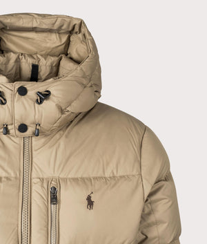 The Polo Ralph Lauren Gorham Down Jacket in Desert Khaki at EQVVS. Detailed Logo Shot. 