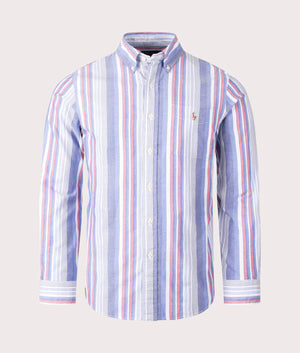 Custom Fit Striped Oxford Shirt in Blue Red Multi by Polo Ralph Lauren. EQVVS Shot. 