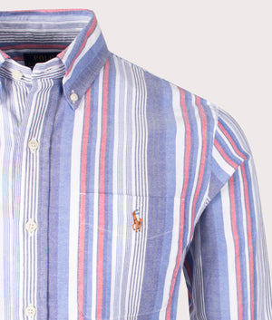 Custom Fit Striped Oxford Shirt in Blue Red Multi by Polo Ralph Lauren. EQVVS Shot.