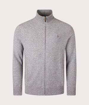 Wool Zip Through Sweatshirt in Fawn Grey Heather by Polo Ralph Lauren at EQVVS. Front Angle Shot. 