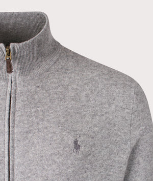 Wool Zip Through Sweatshirt in Fawn Grey Heather by Polo Ralph Lauren at EQVVS. Detail Shot. 