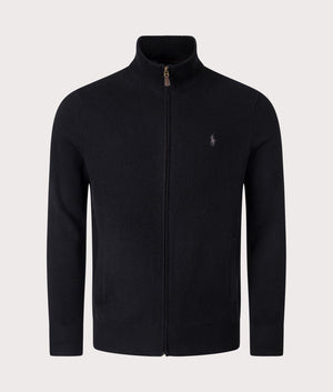 Wool Zip Through Sweatshirt in Polo Black by Polo Ralph Lauren at EQVVS. Front Angle Shot. 