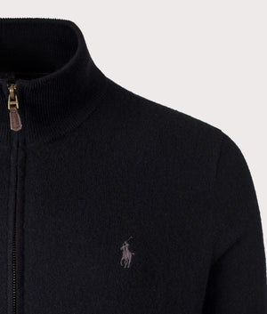 Wool Zip Through Sweatshirt in Polo Black by Polo Ralph Lauren at EQVVS. Detail Shot. 