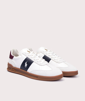 Polo Ralph Lauren Heritage Aera Leather Suede Low Top Sneakers in Bianco/NavyWine, 100% Leather Upper at EQVVS. Front pair shot. 