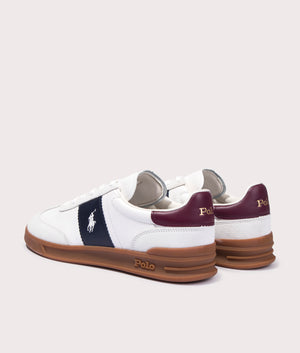 Polo Ralph Lauren Heritage Aera Leather Suede Low Top Sneakers in Bianco/NavyWine, 100% Leather Upper at EQVVS. Back pair shot. 