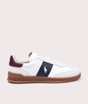 Polo Ralph Lauren Heritage Aera Leather Suede Low Top Sneakers in Bianco/NavyWine, 100% Leather Upper at EQVVS. Side solo shot. 