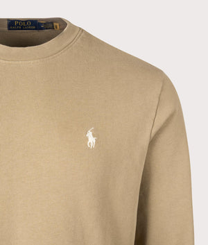 Loopback Sweatshirt in Desert Khaki by Polo Ralph Lauren. Shot at EQVVS. Detail image. 