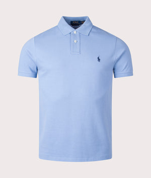 Custom Slim Fit Mesh Polo Shirt in Campus Blue by Polo Ralph Lauren. EQVVS Shot. 