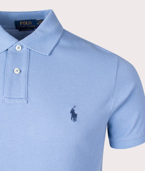 Custom Slim Fit Mesh Polo Shirt in Campus Blue by Polo Ralph Lauren. EQVVS Shot. 