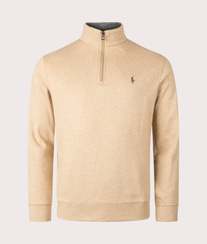 Polo Ralph Lauren Quarter Zip Sweatshirt in Classic Camel Heather. Front angle shot at EQVVS.