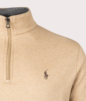 Polo Ralph Lauren Quarter Zip Sweatshirt in Classic Camel Heather. Detail angle shot at EQVVS.