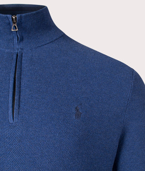 Quarter Zip Contrast Logo Knit Jumper in Rustic Navy Heather from Polo Ralph Lauren. Detail angle shot at EQVVS.