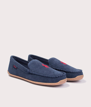 Polo Ralph Lauren Brenan Dress Shoe Slipper in 001 Navy Suede W/ Red PP. At EQVVS Menswear. Front right angle shot