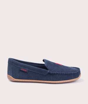 Polo Ralph Lauren Brenan Dress Shoe Slipper in 001 Navy Suede W/ Red PP. At EQVVS Menswear. Outside right side