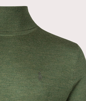 Polo Ralph Lauren Wool Turtleneck Sweater in Olive Green Heather, 100% Wool. at EQVVS Detail Shot