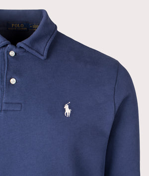 Polo Ralph Lauren Loopback Fleece Collared Sweatshirt in Cruise Navy. Detail Shot at EQVVS.