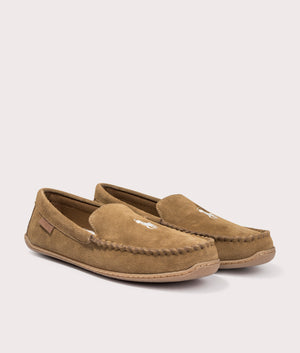 Polo Ralph Lauren Brenan Dress Shoe Slipper in 003 Suede W/ Cream PP. At EQVVS Menswear. Front right angle shot