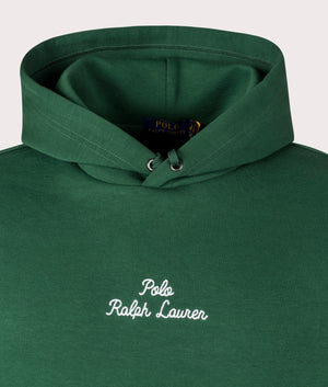 Polo Ralph Lauren Script Chest Logo Hoodie in Vintage Pine. Detail angle shot at EQVVS.