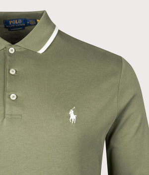 Polo Ralph Lauren Custom Slim Fit Soft Cotton Polo Shirt in Garden Trail Green. EQVVS Detail Shot. 