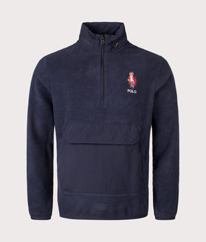 Polo Bear Fleece Hybrid Hoodie in Navy Holiday Bear by Polo Ralph Lauren at EQVVS. Front Angle Shot. 