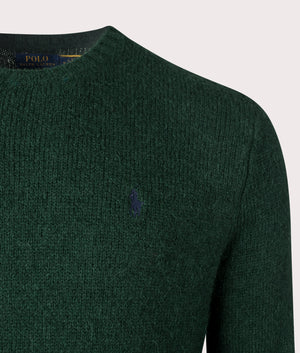 Polo Ralph Lauren Textured Crewneck Jumper in Moss Agate, 42% Wool, 38% Alpaca hair, 20% recycled nylon at EQVVS. Detailed Logo shot. 