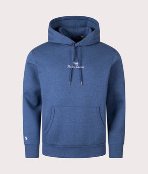 Polo Ralph Lauren Script Chest Logo Hoodie in Derby Blue Heather. Front angle shot at EQVVS.