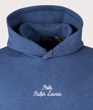 Polo Ralph Lauren Script Chest Logo Hoodie in Derby Blue Heather. Detail angle shot at EQVVS.