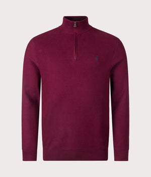 Quarter Zip Contrast Logo Knit Jumper in Damson Red from Polo Ralph Lauren. Front angle shot at EQVVS.