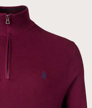 Quarter Zip Contrast Logo Knit Jumper in Damson Red from Polo Ralph Lauren. Detail angle shot at EQVVS.