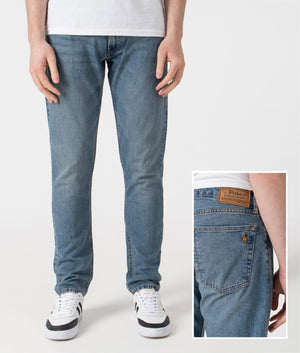 Polo Ralph Lauren Parkside Tapered Jeans in Dixon Stretch blue at EQVVS. Front and detail shot.