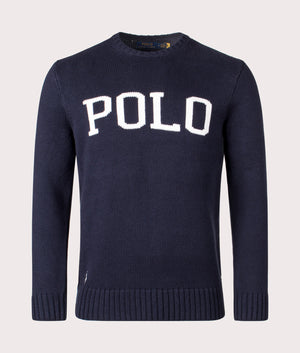 Polo Ralph Lauren Logo-Intarsia Cotton Jumper  in Hunter Navy Combo, 100% Cotton. EQVVS Front Shot.