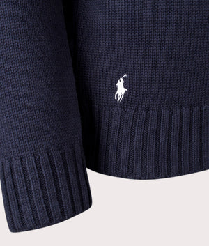 Polo Ralph Lauren Logo-Intarsia Cotton Jumper  in Hunter Navy Combo, 100% Cotton. EQVVS Detail Shot.