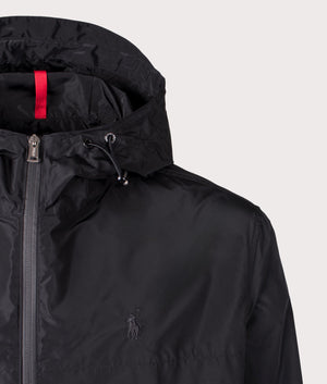 Polo Ralph Lauren Full Zip Hooded Jacket in Polo Black at EQVVS. Detailed Logo Shot. 