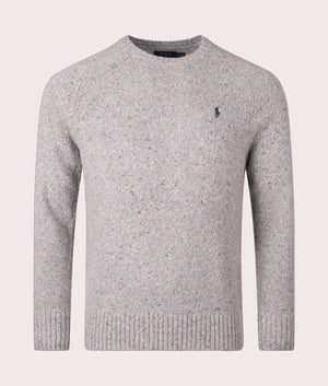 Polo Ralph Lauren Speckled Wool-Blend Crewneck Jumper in Grey Donegal. EQVVS Front Shot.