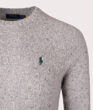 Polo Ralph Lauren Speckled Wool-Blend Crewneck Jumper in Grey Donegal. EQVVS Detail Shot.