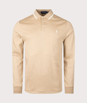 Custom Slim Fit Soft Cotton Polo Shirt in Classic Camel Heather by Polo Ralph Lauren at EQVVS. Front Angle Shot. 