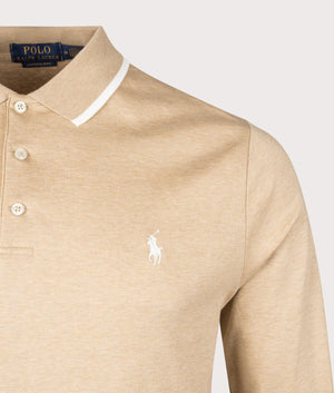 Custom Slim Fit Soft Cotton Polo Shirt in Classic Camel Heather by Polo Ralph Lauren at EQVVS. Detail Shot.