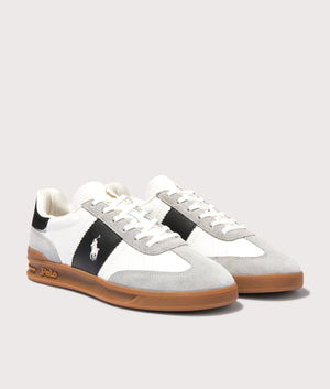 Polo Ralph Lauren Heritage Aera Leather Suede Sneakers in White/Black/Soft Grey. Shot at EQVVS. 