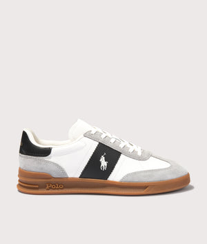 Polo Ralph Lauren Heritage Aera Leather Suede Sneakers in White/Black/Soft Grey. Shot at EQVVS. Side shot. 