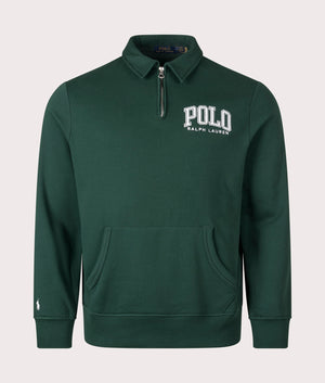 Polo Ralph Lauren Logo Fleece Collared Sweatshirt in Moss Agate. Front angle shot at EQVVS.