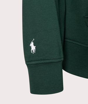 Polo Ralph Lauren Logo Fleece Collared Sweatshirt in Moss Agate. Detail angle shot at EQVVS.