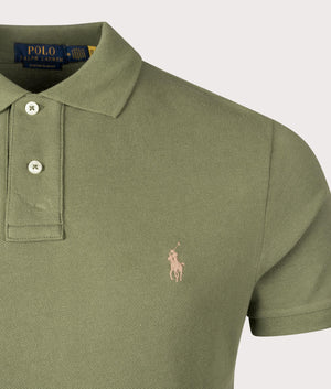 Polo Ralph Lauren Custom Slim Fit Mesh Polo Shirt in Garden Trail. Detail Shot at EQVVS.