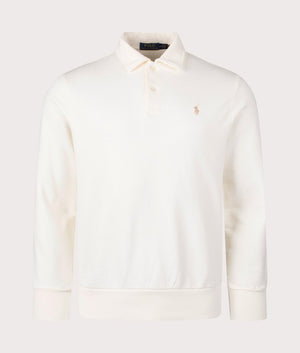 Polo Ralph Lauren Loopback Fleece Collared Sweatshirt in Clubhouse Cream. Front angle shot at EQVVS.