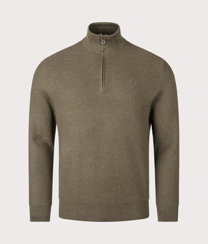 Polo Ralph Lauren Quarter Zip Contrast Logo Knit Jumper in Cargo Olive Heather. EQVVS Front Shot.