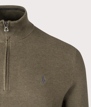 Polo Ralph Lauren Quarter Zip Contrast Logo Knit Jumper in Cargo Olive Heather. EQVVS Detail Shot.