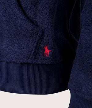 Polo Ralph Lauren Brushed Fleece Loungewear Hoodie in Cruise Navy. EQVVS Detail Shot