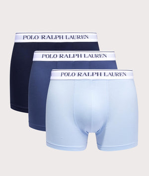 Polo Ralph Lauren Three Pack of Classic Stretch Cotton Trunks in Cruise Navy/Light Navy/Elite Blue, Stretch Cotton Blend. At EQVVS Menswear. Front detail trunks shot 